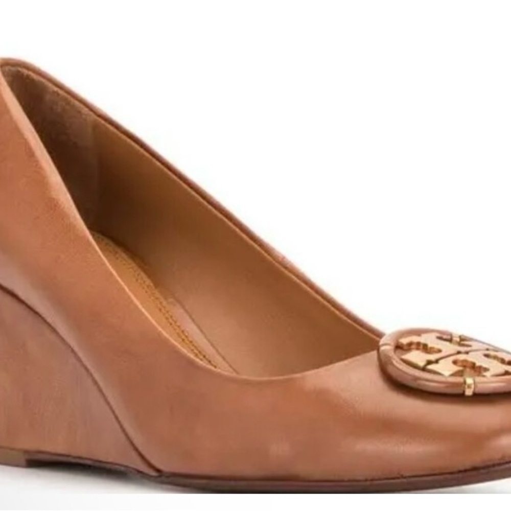 Tory Burch Tan Leather Wedge Heels with Medallion.